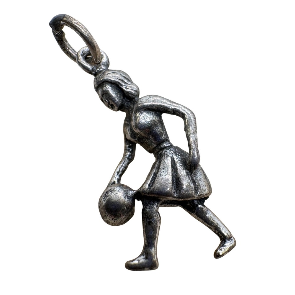 Vintage Sterling Silver Bowling Girl Charm 2.2g 3D Bowler Pendant